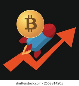 Bitcoin currency is on the rise. Bitcoin coin with growing chart. Vector illustration.