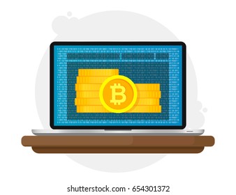 Bitcoin Currency on Screen Laptop. Web Banner. Vector Illustration Icon. EPS 10.