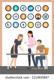 Bitcoin currency and people with paper and documents vector. Litecoin and dogecoin, bitcoindark and ripple. Monero and conference of workers at office 