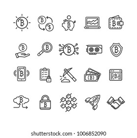 Bitcoin Currency Signs Black Thin Line Icon Set Include of Wallet, Handshake, Magnifier and Mobile Telephone . Vector illustration