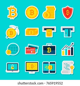 Bitcoin Currency Stickers. Vector Illustration Flat Style. Collection of Financial Symbols.