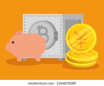bitcoin currency with strong box and big with yen coins