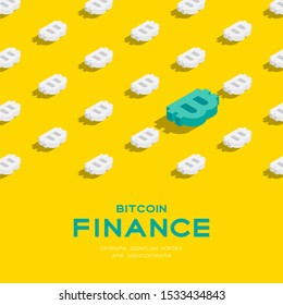 Bitcoin currency symbol 3d isometric pattern, Cryptocurrency blockchain technology concept poster and social banner post square design illustration isolated on yellow background, vector eps 10