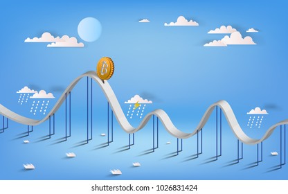 Bitcoin currency symbol and business graph illustration design isolated graphic. Bitcoin roller coaster.  Vector illustration.