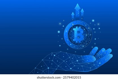 Bitcoin currency technology income increase concept. Abstract concept of coins in a hand and up arrows on blue background. Money coins in a hand. Profit growth. 