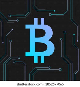 Bitcoin cyan and purple gradient logo on dark background with circuits. Digital currency concept.