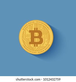Bitcoin cyber currency on blue background with shadow.