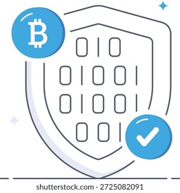 Icono de ciberseguridad de Bitcoin que representa la protección de activos digitales con código binario de escudo azul y Ilustración vectorial plana isométrica de marca de verificación verificada para seguridad financiera.
