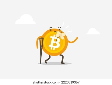 Bitcoin damaged cracked down with bandage repair. Bitcoin trading cartoon concept.