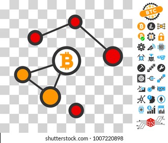 Bitcoin Damaged Network icon with bonus bitcoin mining and blockchain icons. Vector illustration style is flat iconic symbols. Designed for crypto-currency apps.