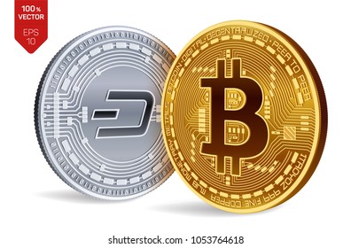 Bitcoin. Dash. 3D isometric Physical coins. Digital currency. Cryptocurrency. Silver coin with Dash symbol and golden coin with bitcoin symbol isolated on white background. Vector illustration.