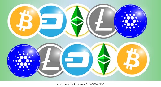 Bitcoin Dash Ethereum Bitcoin Cardano Cryptocurrency Coin Emblem Badges for Website and Exchange Exchangers.