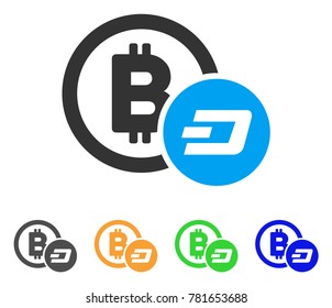 Bitcoin And Dash icon. Vector illustration style is a flat iconic bitcoin and dash symbol with grey, green, blue, yellow color versions. Designed for web and software interfaces.