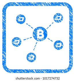 Bitcoin Dash Network rubber seal stamp imitation. Icon vector symbol with grunge design and corrosion texture in rounded frame. Scratched blue stamp imitation on a white background.