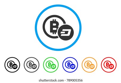 Bitcoin And Dash rounded icon. Style is a flat grey symbol inside light blue circle with additional colored versions. Bitcoin And Dash vector designed for web and software interfaces.