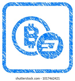 Bitcoin And Dash rubber seal stamp imitation. Icon vector symbol with grunge design and corrosion texture inside rounded frame. Scratched blue sticker on a white background.