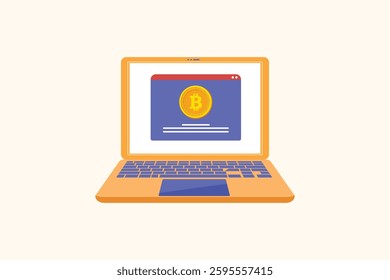 Bitcoin data on laptop. Crypto bitcoin digital money concept. Flat design vector illustration isolated. Minimalist flat design
