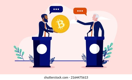 Bitcoin Debate - Two Politicians Arguing About Crypto Currency Politics, One Holding Coin And The Other Refusing. Flat Design Vector Illustration