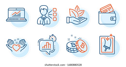 Bitcoin, Debit card and Online statistics signs. Hold heart, Statistics timer and Third party line icons set. Window cleaning, Organic product symbols. Friendship, Growth chart. Business set. Vector