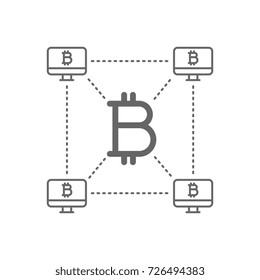 Bitcoin mit dezentralisiertem Blockchain-Symbol. Kryptowährungs-Bitcoin-Symbol verbunden mit den Blockchain-Knoten. Lineares Vektorsymbol einzeln auf weißem, transparentem Hintergrund.
