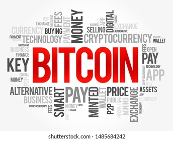 Bitcoin - decentralized digital currency, without a central bank or single administrator, word cloud concept background