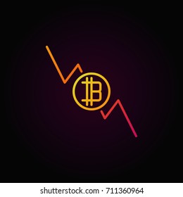 Bitcoin decreasing graph colorful icon - vector cryptocurrency decline concept outline symbol on dark background
