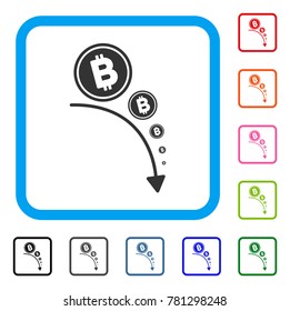 Bitcoin Deflation Trend icon. Flat grey iconic symbol inside a blue rounded rectangle. Black, gray, green, blue, red, orange color versions of Bitcoin Deflation Trend vector.