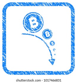 Bitcoin Deflation Trend rubber seal stamp imitation. Icon vector symbol with grunge design and corrosion texture inside rounded squared frame. Scratched blue sticker on a white background.