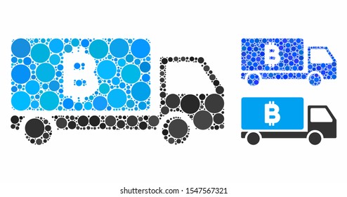 Bitcoin delivery car composition of filled circles in variable sizes and shades, based on Bitcoin delivery car icon. Vector random circles are composed into blue composition.