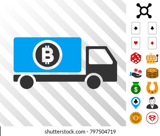 Bitcoin Delivery Truck pictograph with bonus gambling pictures. Vector illustration style is flat iconic symbols. Designed for gambling websites.