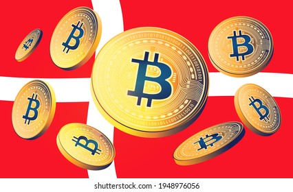 Bitcoin Denmark - Bitcoins flying in front of the Danish flag. Vector illustration.