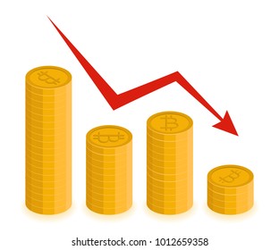Bitcoin depreciation concept. Vector stacks of coins with decreasing arrow