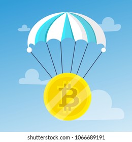 Bitcoin descends with a blue-white striped parachute on the background of the sky with clouds. Blocchein, cryptography, technology, business. Modern vector flat designe isolated on blue background