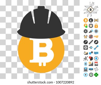 Bitcoin Development Helmet icon with bonus bitcoin mining and blockchain pictograms. Vector illustration style is flat iconic symbols. Designed for crypto-currency apps.