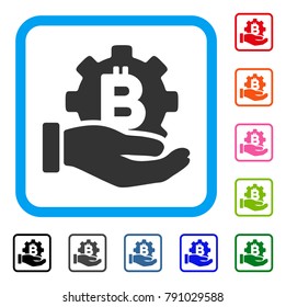 Bitcoin Development Service Hand icon. Flat gray pictogram symbol in a light blue rounded rectangle. Black, gray, green, blue, red, orange color versions of Bitcoin Development Service Hand vector.