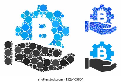 Bitcoin development service hand mosaic for Bitcoin development service hand icon of circle elements in various sizes and color tints. Vector circle elements are organized into blue mosaic.