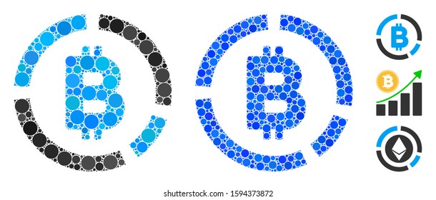 Bitcoin diagram mosaic of filled circles in various sizes and color tints, based on Bitcoin diagram icon. Vector random circles are combined into blue mosaic.