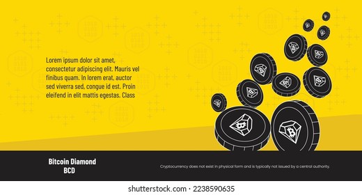 Bitcoin Diamond Crypto Währung BCD Coin Banner Illustration. Weltweite BCD-Münzen mit digitaler Währung, die fallen oder schwimmendes, flaches Vektordesign auf gelbem Hintergrund. Lorem ipsum Text und Kopienraum.