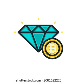 Bitcoin mit Diamant, wertgefüllte Umrisssymbole. Vektorgrafik. Bearbeitbarer Strich. Einzeln Symbol geeignet für Web, Infografiken, Interface und Apps.