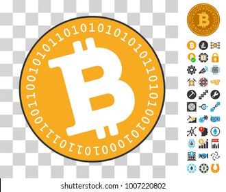 Bitcoin Digital Coin icon with bonus bitcoin mining and blockchain pictures. Vector illustration style is flat iconic symbols. Designed for crypto currency apps.