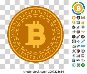 Bitcoin Digital Coin icon with bonus bitcoin mining and blockchain design elements. Vector illustration style is flat iconic symbols. Designed for crypto-currency apps.