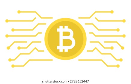 Bitcoin moeda digital rodeado por rede blockchain e transações digitais. Vetor simples plano isolado em fundo branco. SEM GEN AI