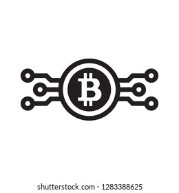 Bitcoin digital cryptocurrency - black icon on white background vector illustration for website, mobile application, presentation, infographic. Blockchain technology concept sign. 