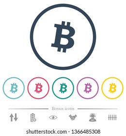 Bitcoin digital cryptocurrency flat color icons in round outlines. 6 bonus icons included.