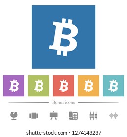 Bitcoin digital cryptocurrency flat white icons in square backgrounds. 6 bonus icons included.