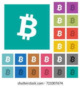 Bitcoin digital cryptocurrency multi colored flat icons on plain square backgrounds. Included white and darker icon variations for hover or active effects.