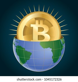 Bitcoin - A digital cryptocurrency that might take over the world. Golden coin with bitcoin symbol emerging from the world globe. Stock vector illustration.