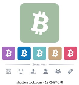 Bitcoin digital cryptocurrency white flat icons on color rounded square backgrounds. 6 bonus icons included