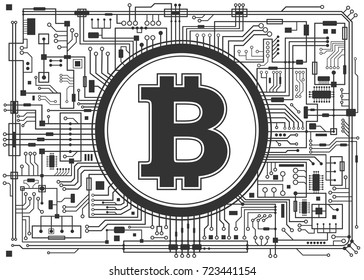 Bitcoin digital currency background isolated on white. Futuristic chipset technology concept. Vector black and white horizontal illustration.