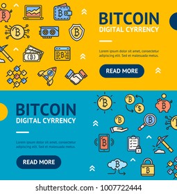 Bitcoin Digital Currency Banner Horizontal Set with Color Outline Icons Electronic Coin. Vector illustration of Virtual Crypto Finance